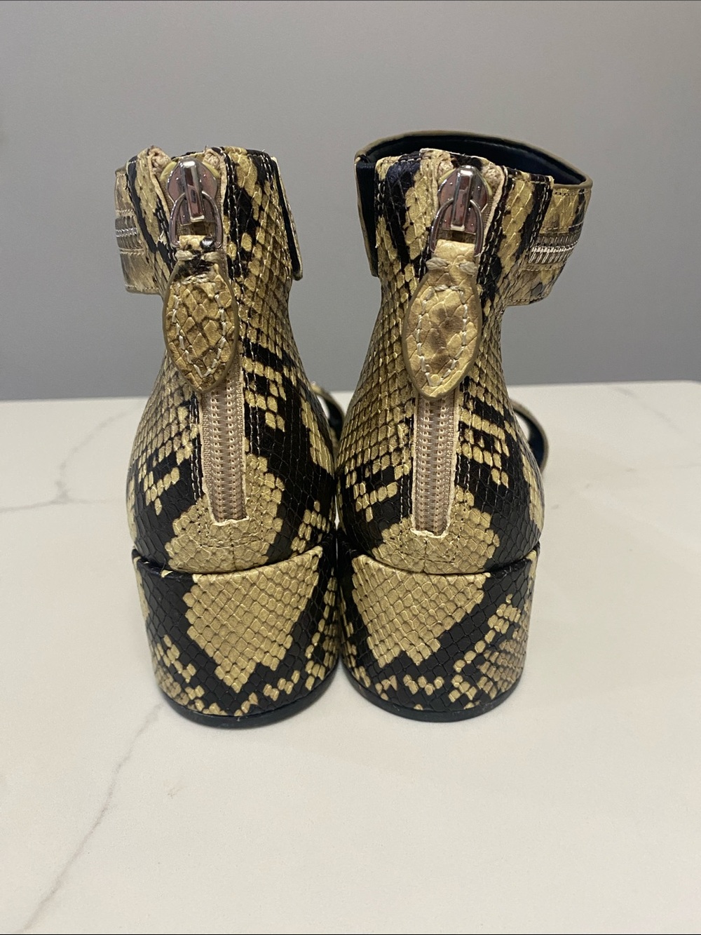 Rebecca Minkoff Snake-Print Ankle Strap Block Heels Womans Size 7 - Picture 2 of 5